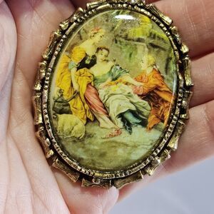**Sale** Vintage Gold Tone Porcelain Serenade Cameo Brooch